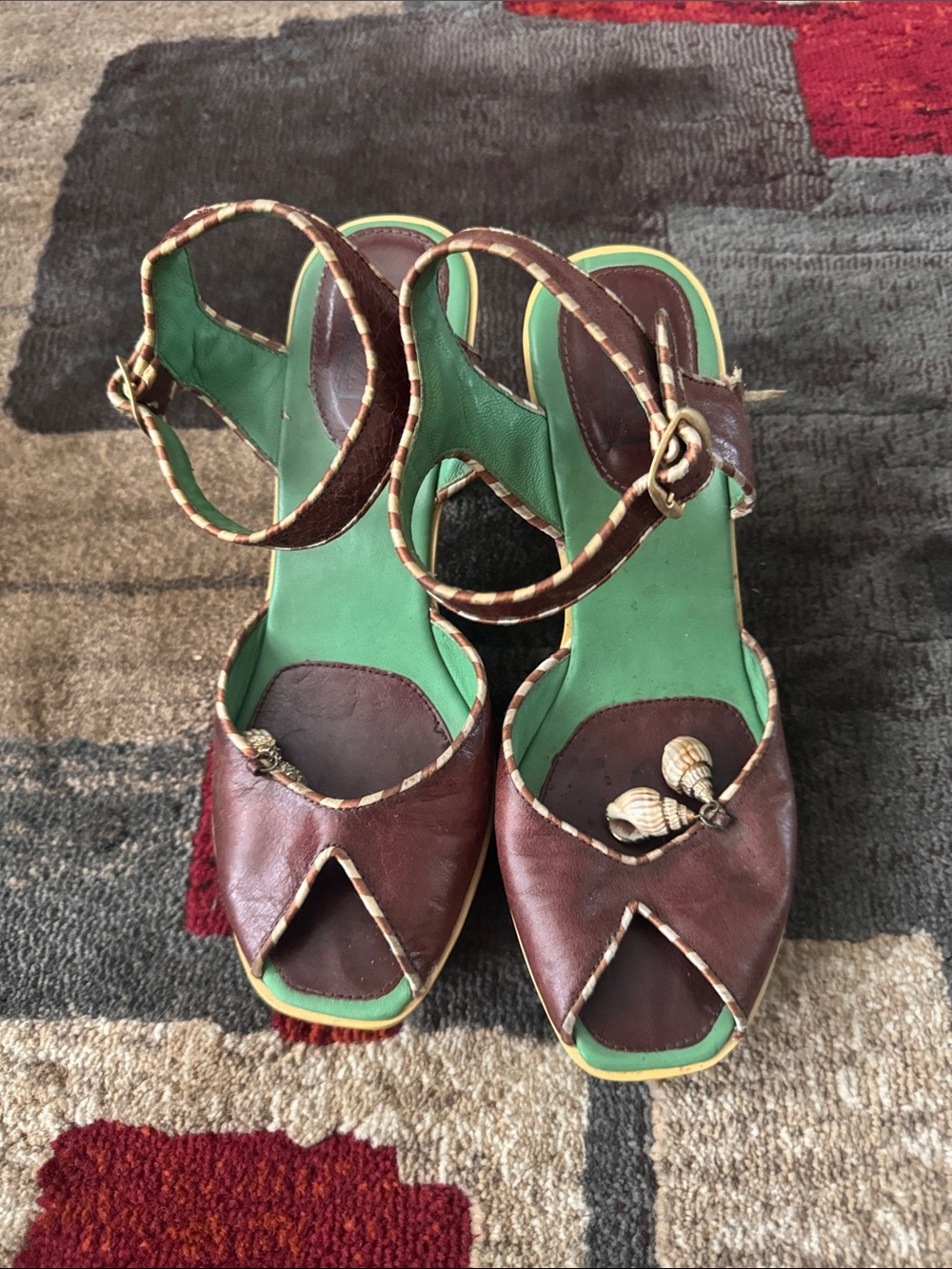 Miss Sixty Brown and Green Peep-Toe Heels with Ankle Strap